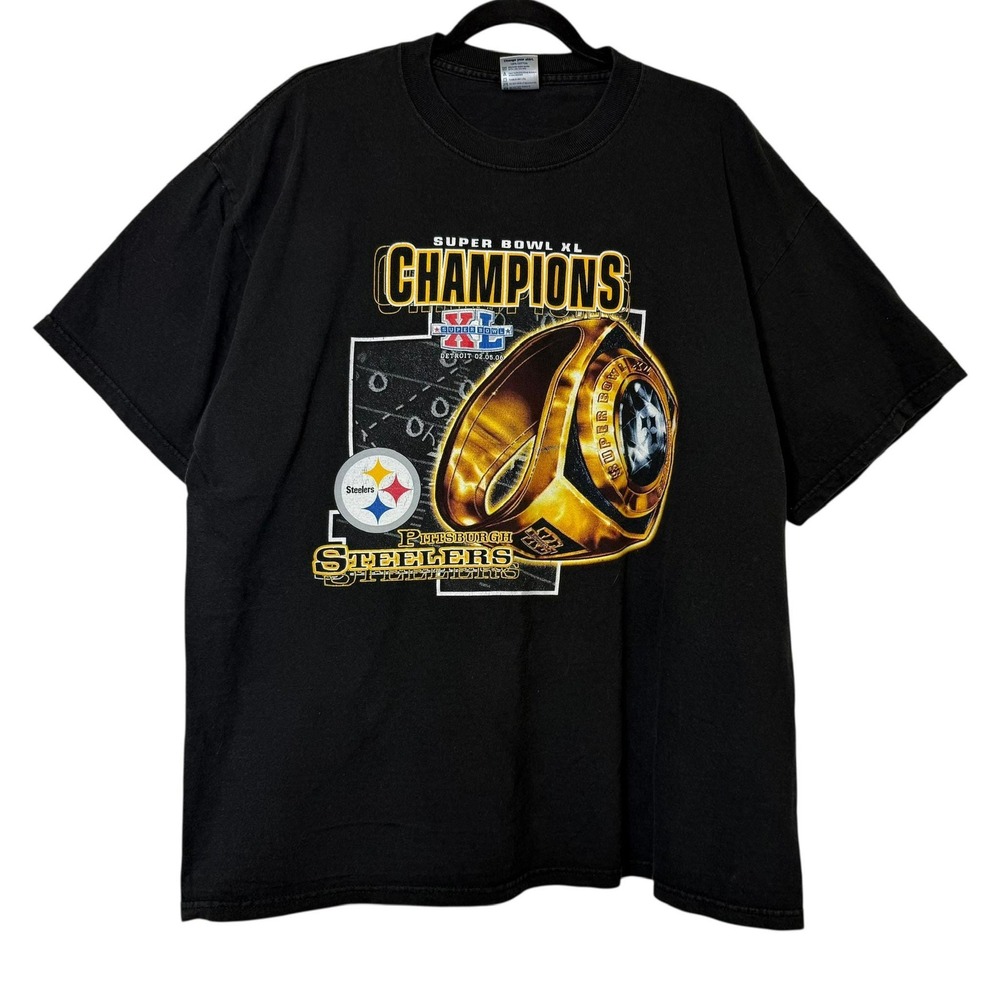 Vintage Pittsburgh Steelers Shirt Men XL Black Super Bowl XL Champions Ring NFL
